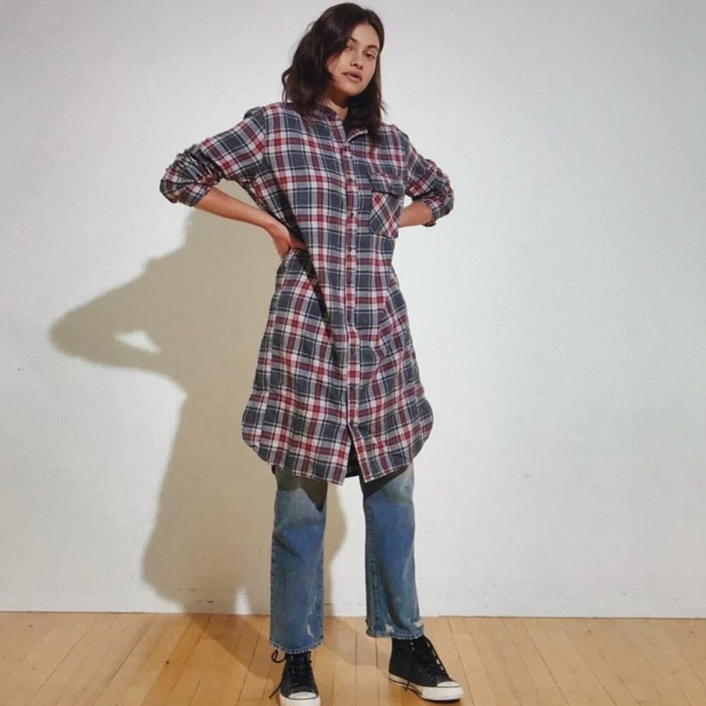 NSF Pepper 100% Cotton Gray Red Cream Plaid Flannel Shirt Dress XS